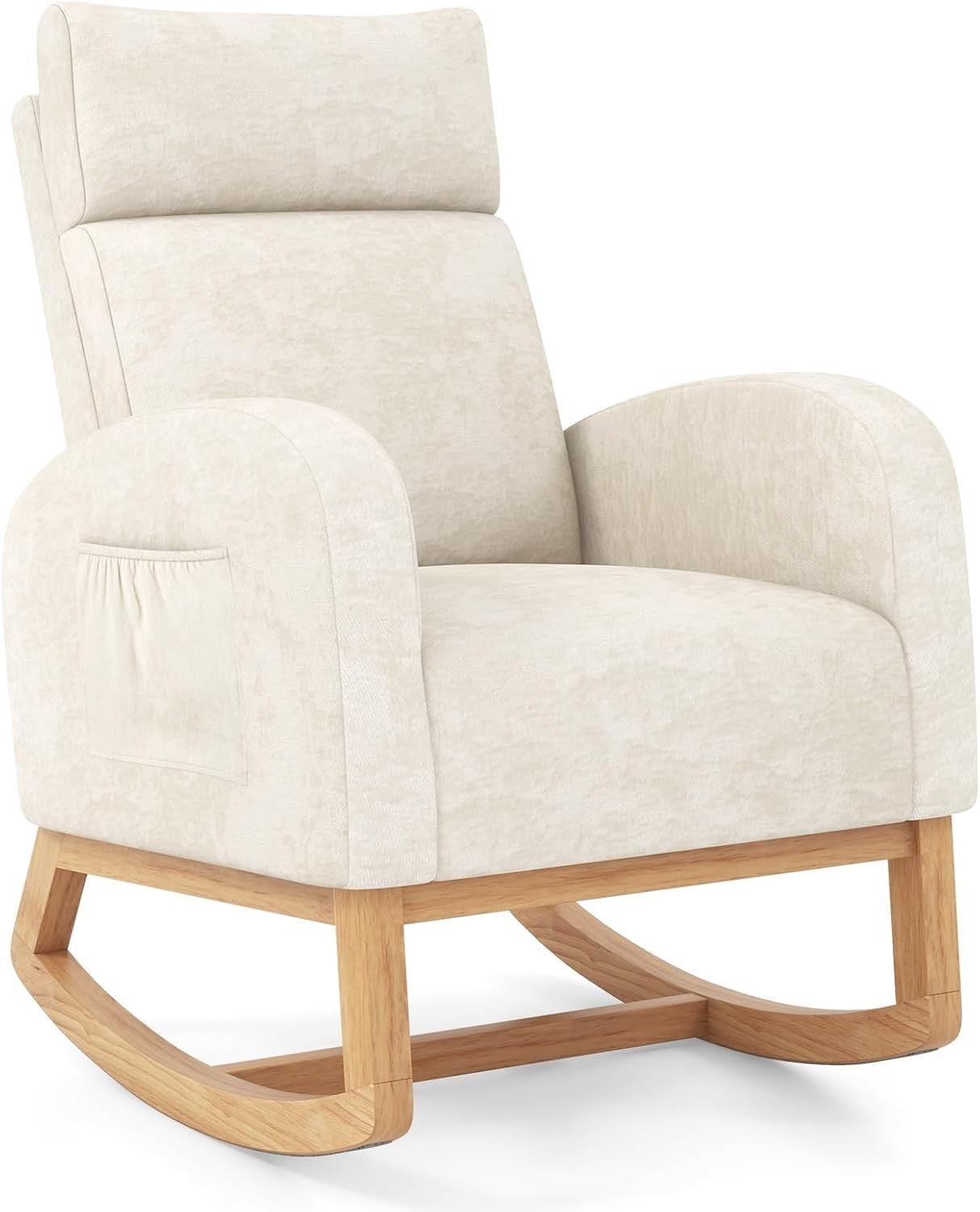 Modern Rocking Armchair w/ Soft Chenille, Side Pocket, Wood Base, 92cm
