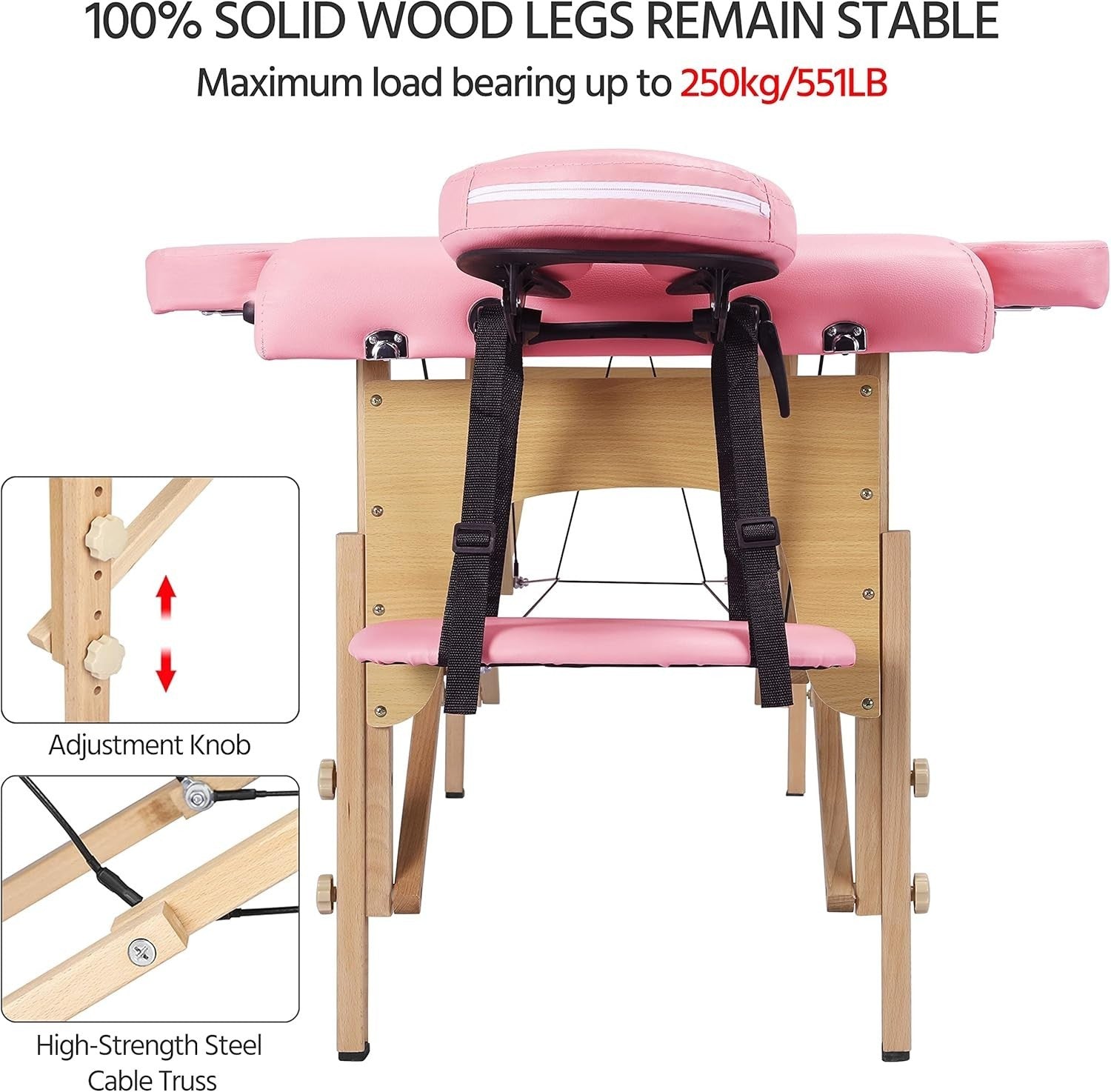 Adjustable 3-Section Folding Massage Table Beauty Lash Bed Portable Pink 60cm