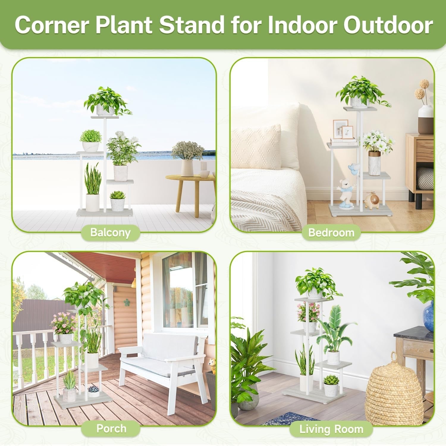 4 Tier White Metal & Wood Plant Stand | Modern Indoor Corner Shelf Display Rack