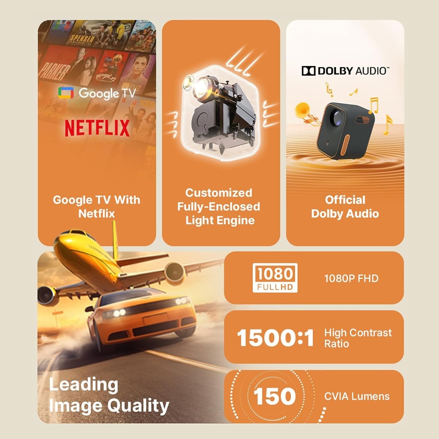 Portable 1080P Smart Projector Google TV Auto Focus WiFi Home Cinema