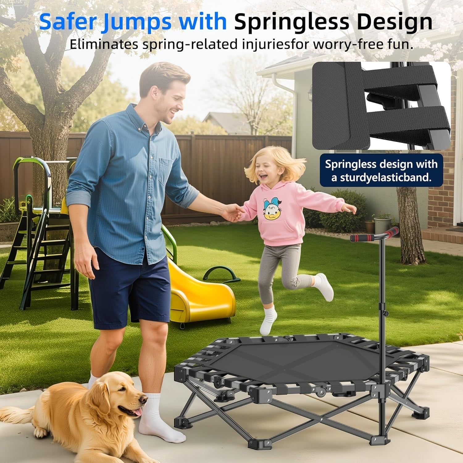 Foldable Mini Trampoline Kids Adults Indoor Fitness Rebounder Handle 110cm