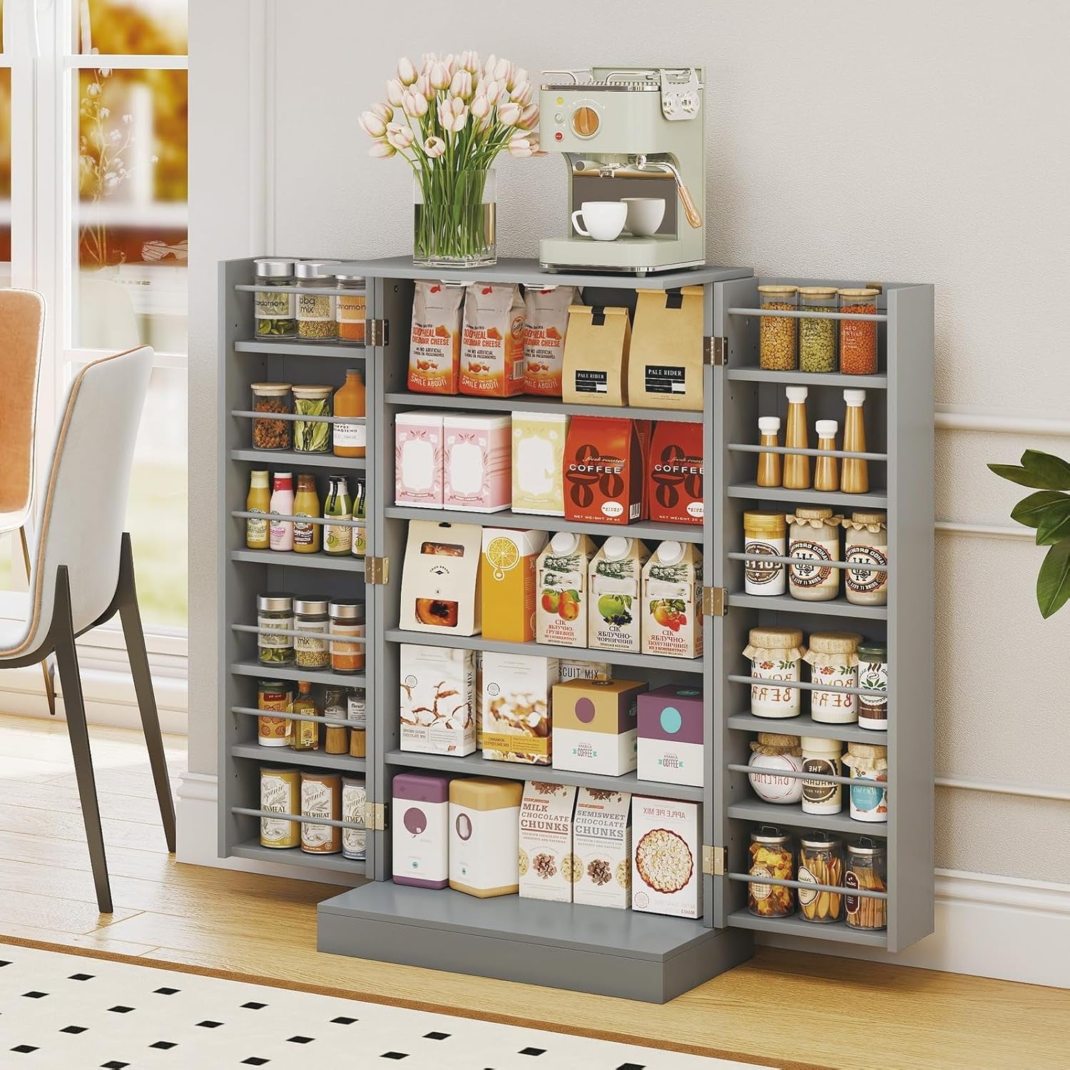 Tall Grey Kitchen Pantry Cupboard Cabinet Adjustable Shelves Storage Unit