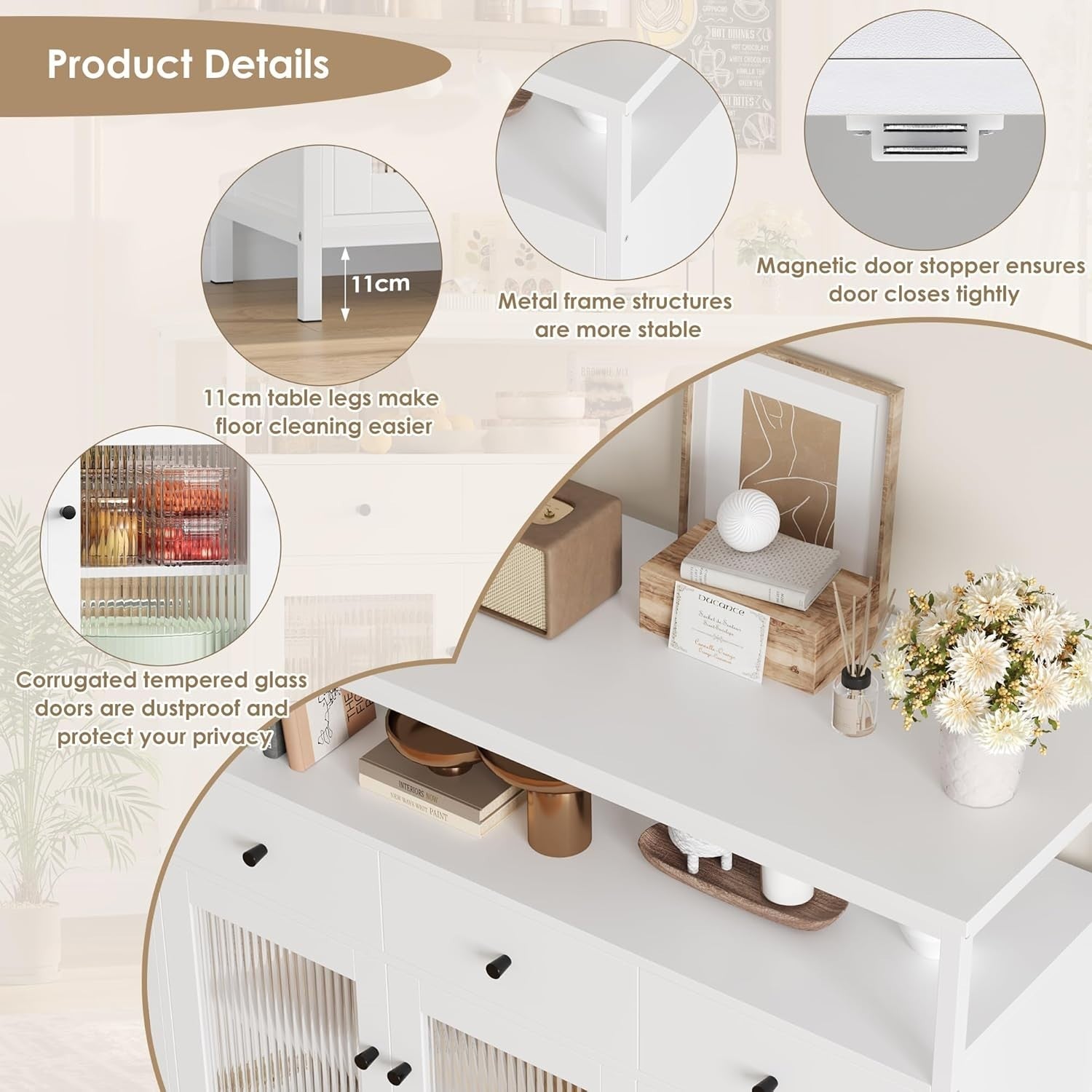Modern White Sideboard Cabinet with Glass Doors 3 Drawers Adjustable Shelves