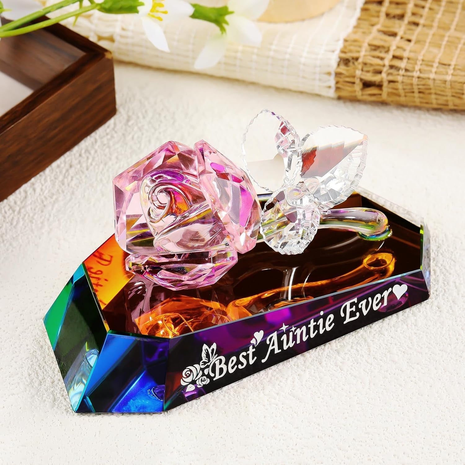 Crystal Rose Ornament “Best Auntie Ever” Gift – Multicolour K9 Glass Keepsake