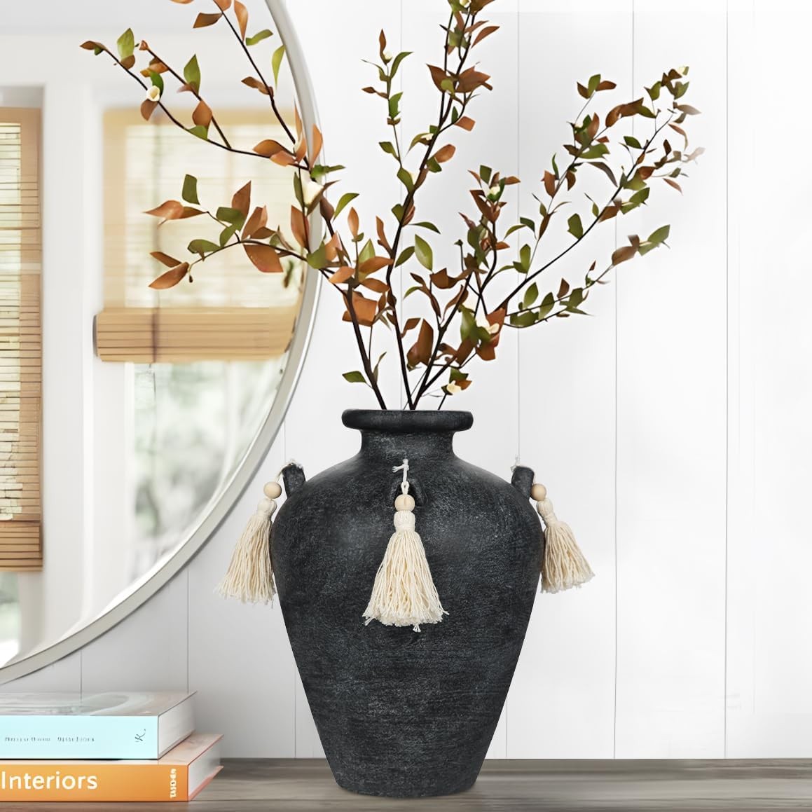 Black Ceramic Vase with Tassels Boho Pampas Grass Rustic Home Decor 24cm