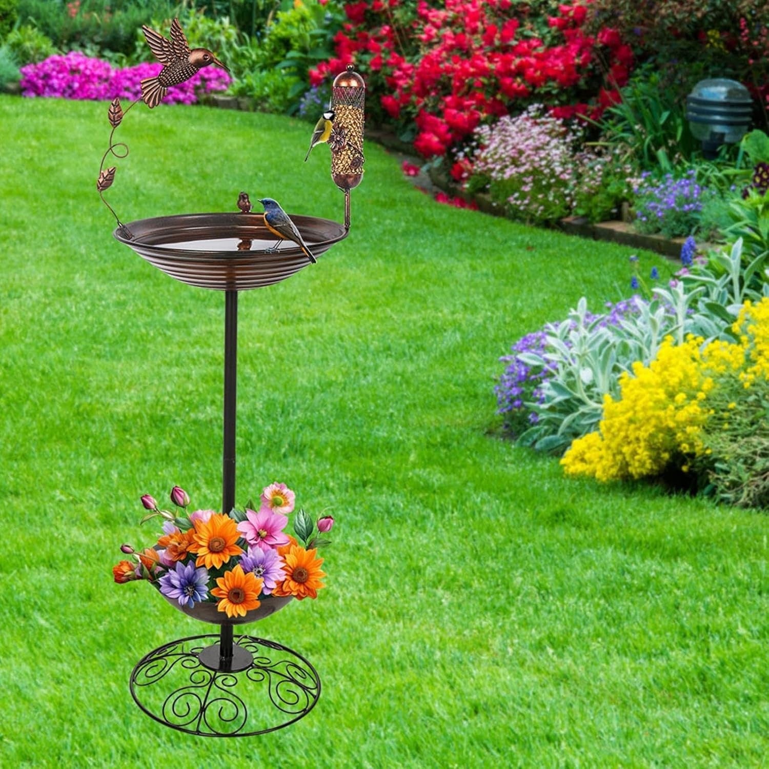 Metal Bird Bath Feeder Outdoor Garden Decor Weatherproof Iron Stand