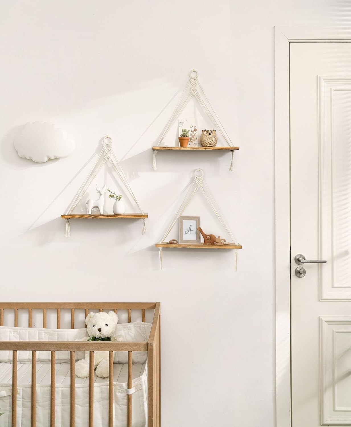 Boho Triangular Hanging Shelves Set of 3 Wood Floating Wall Decor