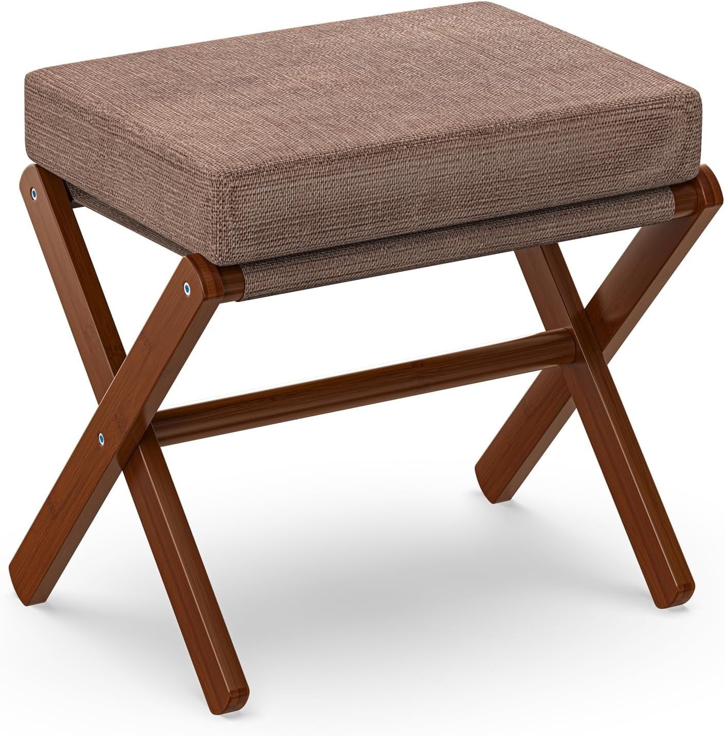 Brown Foldable Footstool Ottoman with Bamboo X-Legs & Thick Chenille Cushion