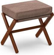 Brown Foldable Footstool Ottoman with Bamboo X-Legs & Thick Chenille Cushion