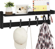Black Wall Coat Rack 29" Wood Shelf with Hooks & Key Holder Entryway Organizer