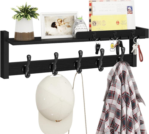 Black Wall Coat Rack 29" Wood Shelf with Hooks & Key Holder Entryway Organizer
