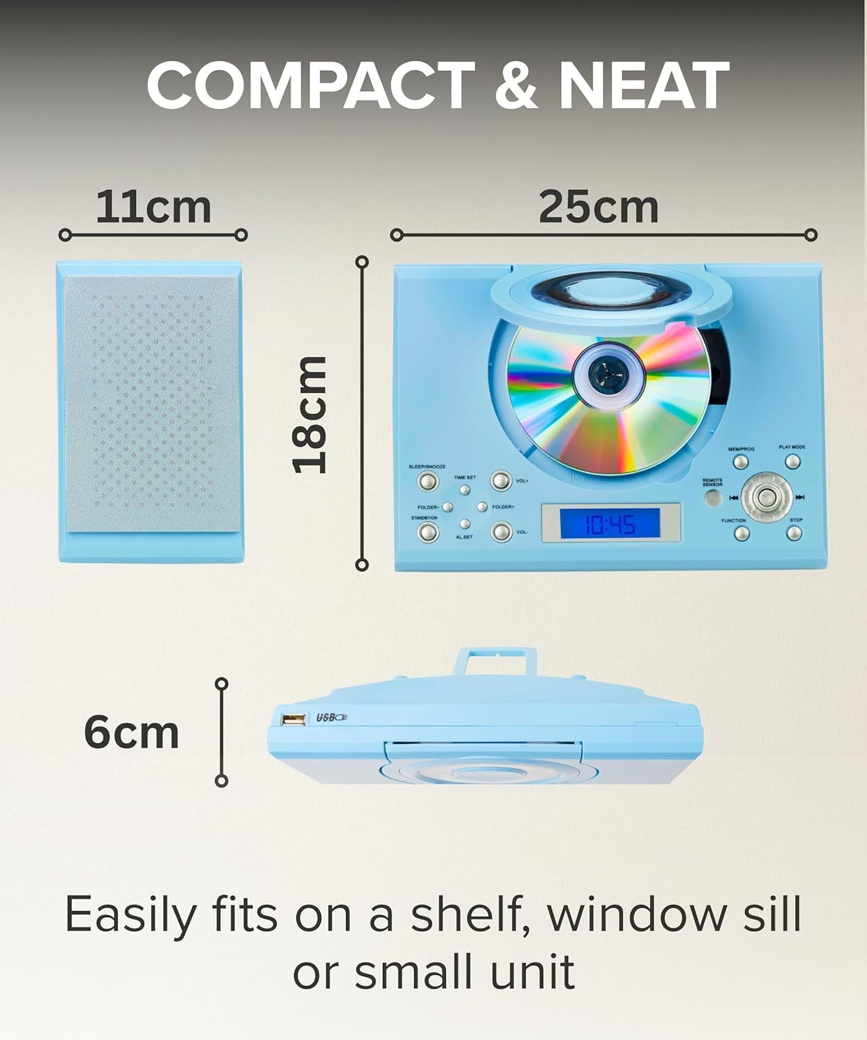 HiFi CD Player Speakers FM Radio USB AUX Alarm Clock Remote Blue