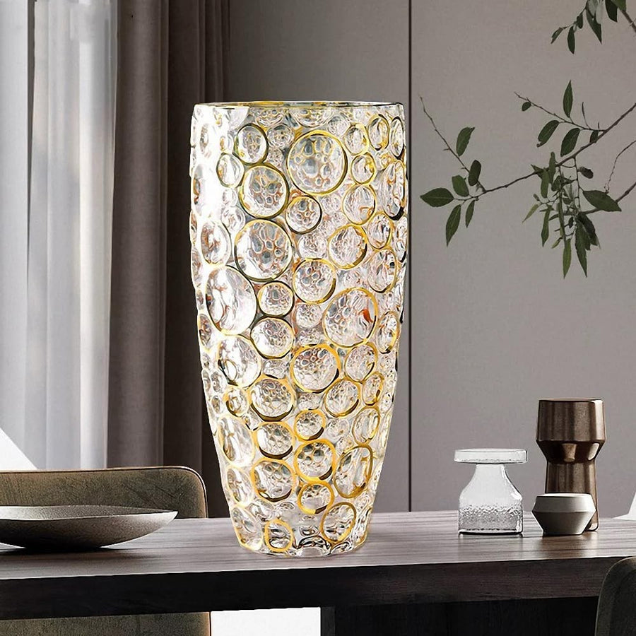 Large Crystal Glass Flower Vase 11.8in Hand Painted Gold Modern Home Décor