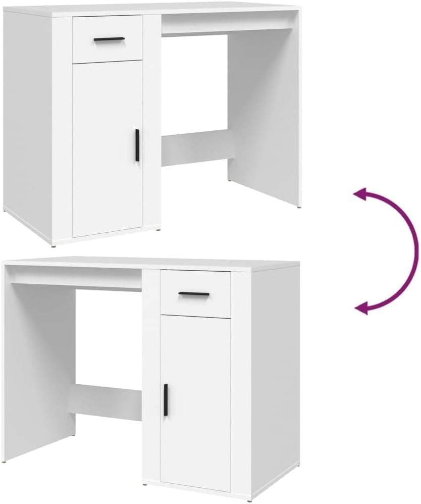 Modern White Office Desk with Drawer 100x49x75cm, Compact Reversible Workstation