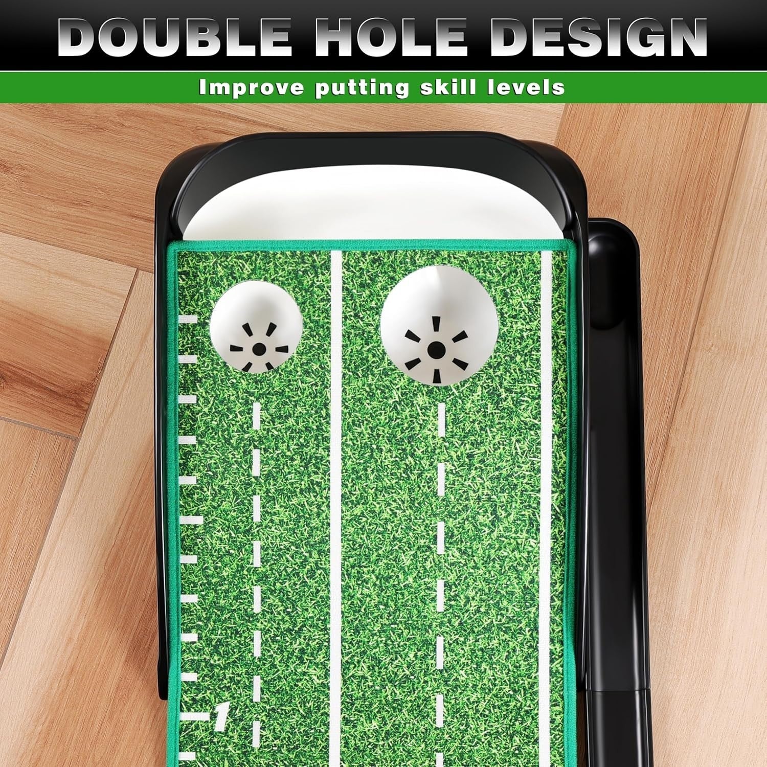 Dual Hole Golf Putting Green Indoor Trainer Mat w Mirror Gates