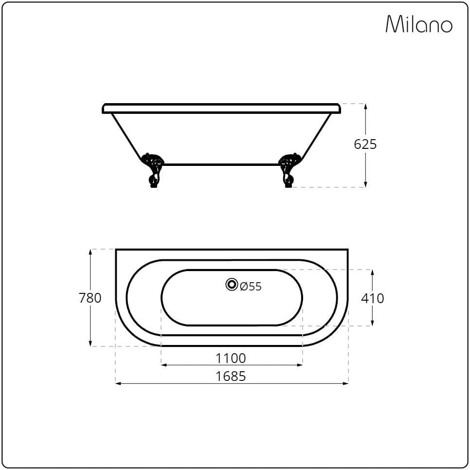 1685x780mm Double Ended Freestanding Back to Wall Bath White Acrylic w/ Copper
