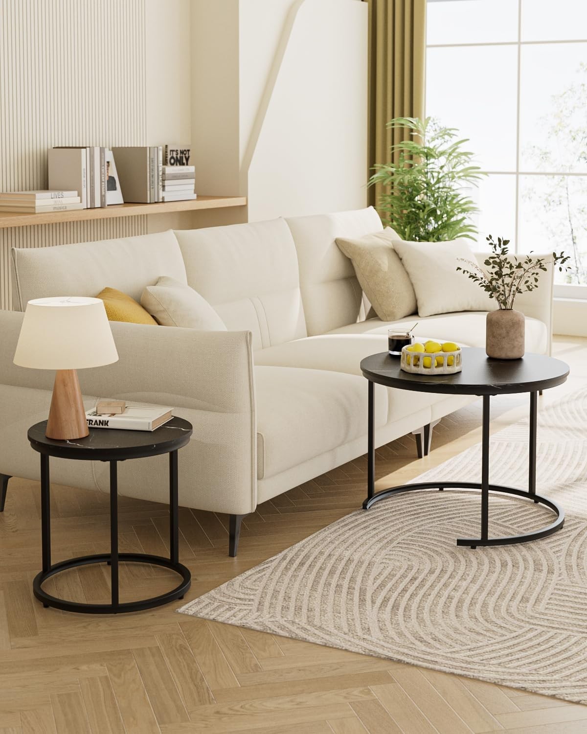 Round Nesting Coffee Tables Set of 2 – Grey Top Black Frame, Space- Black
