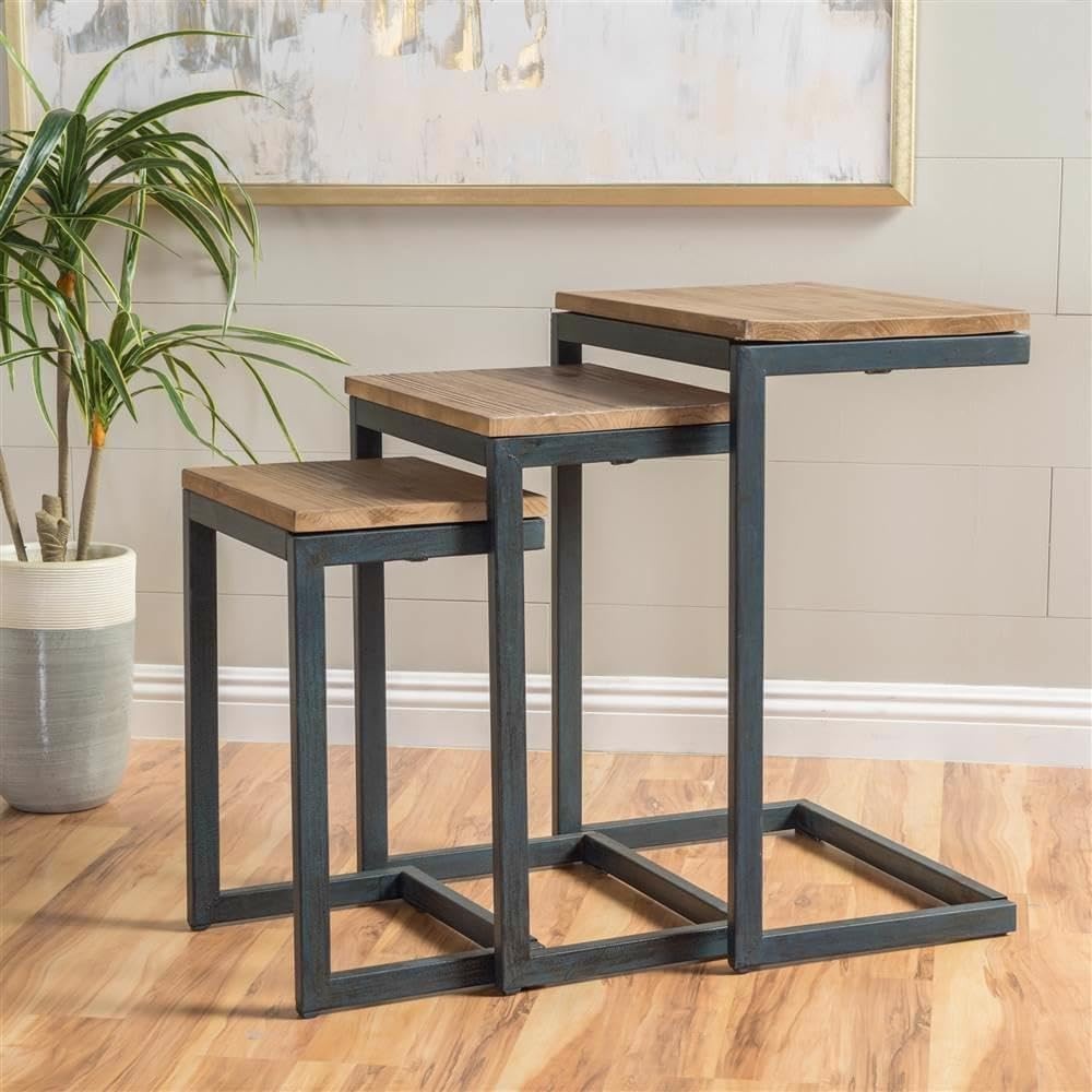 3pc Rustic Industrial Nesting End Side Tables Stackable Wood Tops Metal Frames
