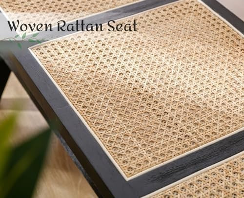 Rustic Wooden Rattan Bench Dining Entryway Seating Ottoman for Home Decor