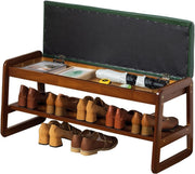 Modern Green Solid Wood Shoe Bench with Cushion & Hidden Storage 2-Tier