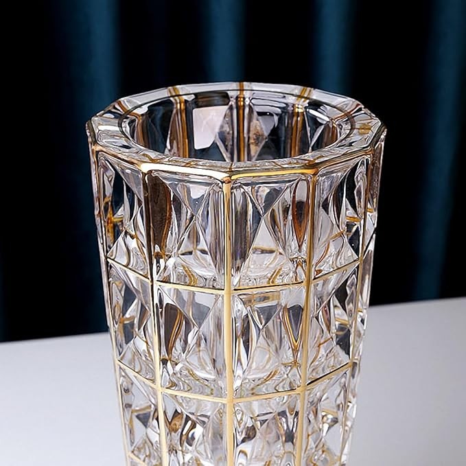Gold Diamond Cut Glass Vase Tall Luxury Flower Vase for Home Decor