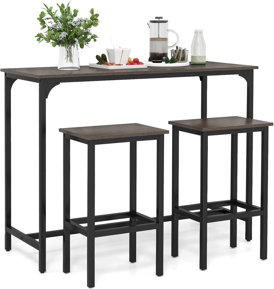 3 Piece Bar Table Set with Stools Space Saving Counter Height Dining Gray Black