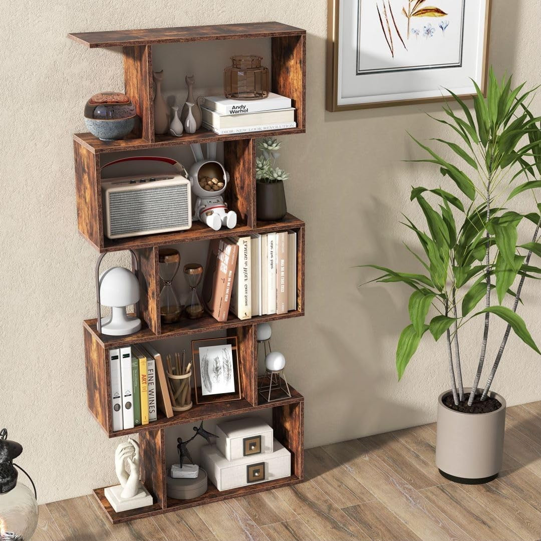 Rustic Brown S-Shaped 5/6 Tier Bookcase Modern Display Shelf Freestanding Unit