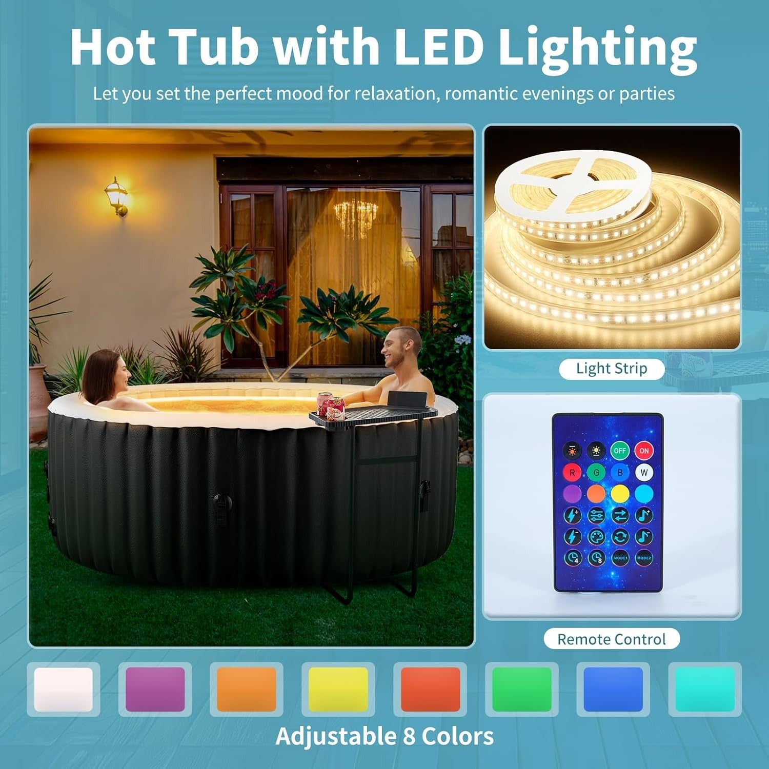 Inflatable Hot Tub Spa Heated LED Light Portable 2–4 Person Outdoor