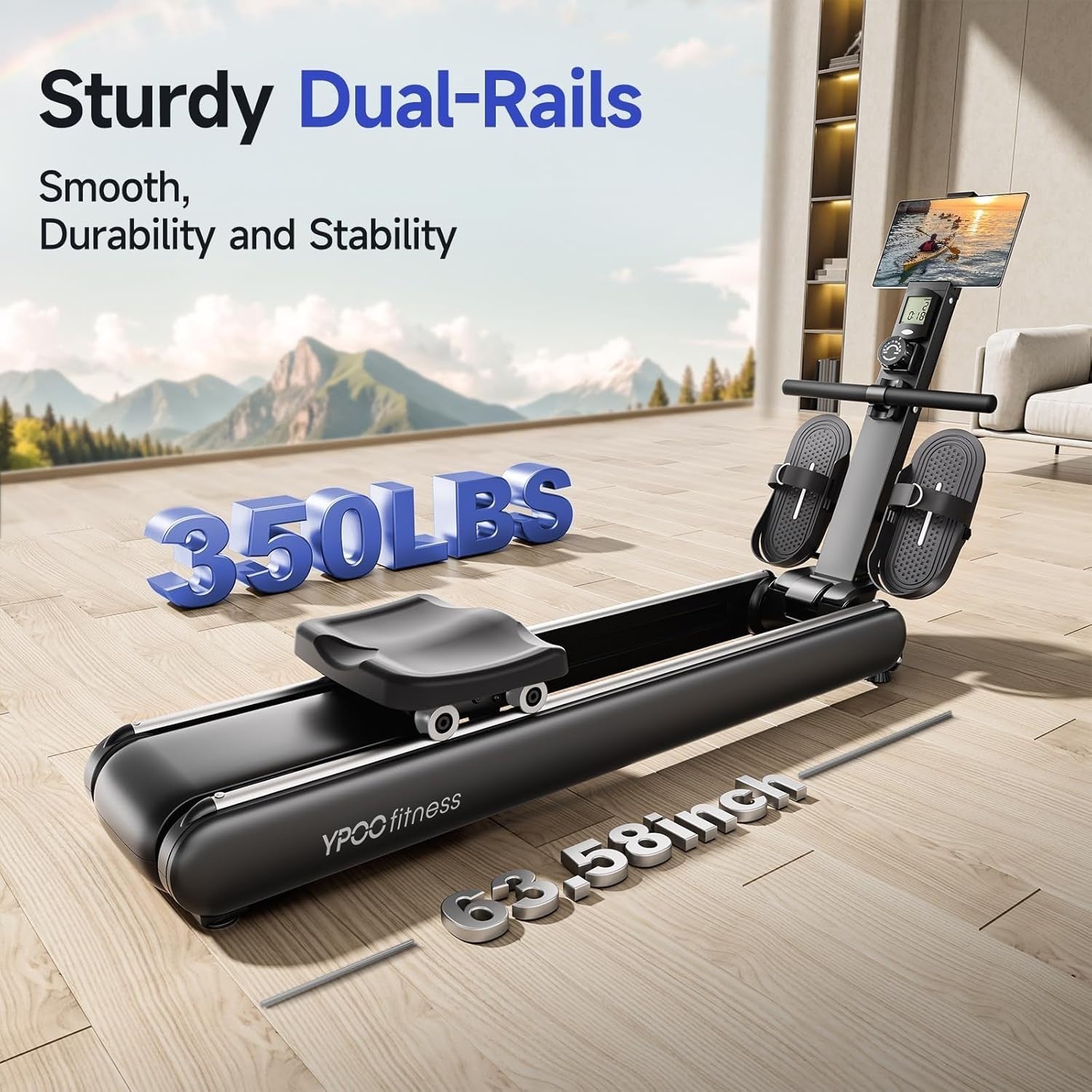 Magnetic Rowing Machine 16-Level Foldable Quiet Dual Rail LCD Home Gym 350LB