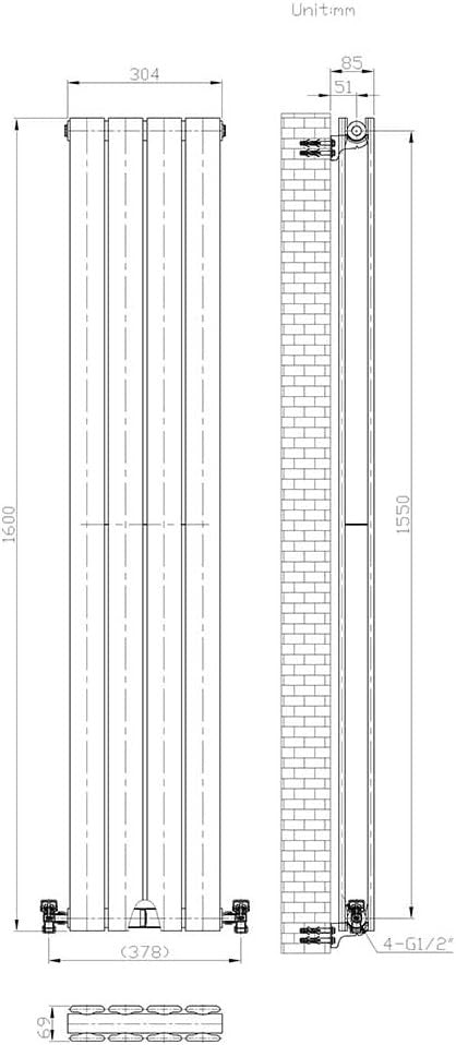 Tall Anthracite Vertical Radiator Slim Double Panel 1600x306mm Bathroom Kitchen
