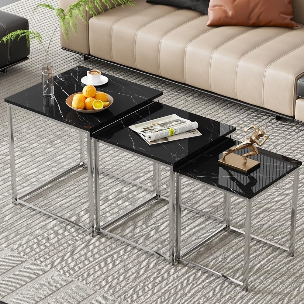 3 Nesting Coffee Tables Set Black Marble Square End Side Living Room Furniture
