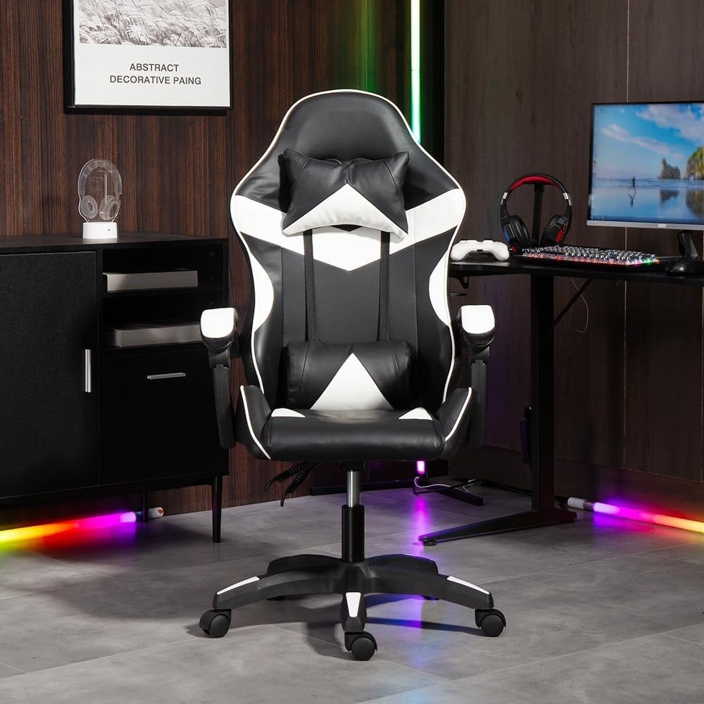 Gaming Chair White Faux Leather Recliner Swivel Ergonomic Lumbar Support New