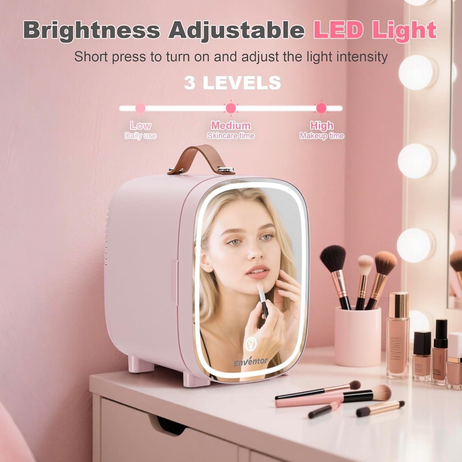 Portable 4L Mini Fridge Cooler Warmer with LED Makeup Mirror Pink