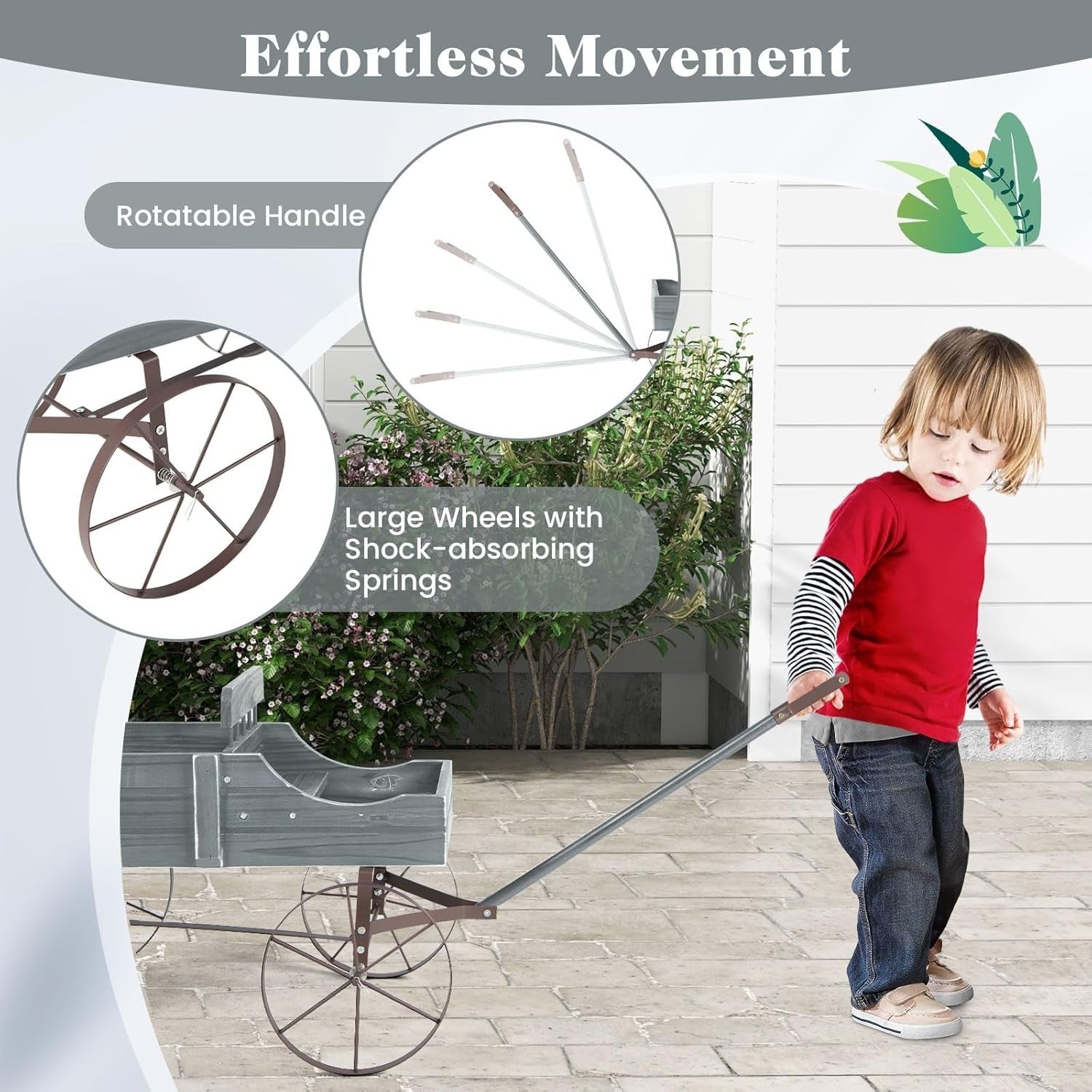 Grey Wooden Garden Wagon Planter Rustic Flower Pot Stand w/ Handle & Wheels