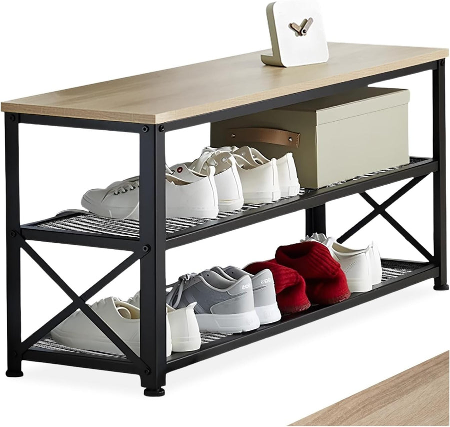 Space-Saving 3-Tier Shoe Rack with Wood-Look Shelf & Sturdy Steel Frame