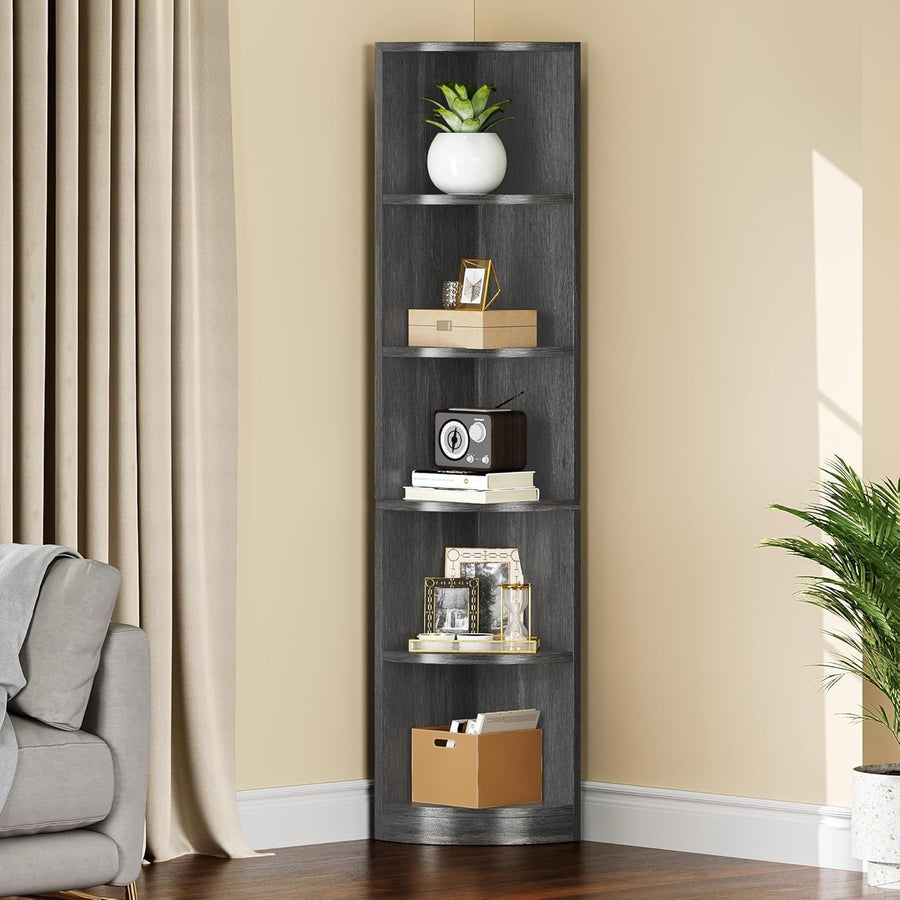 Tall Corner Shelf 5 Tier Modern Bookcase Space Saving Display Rack for Living Ro