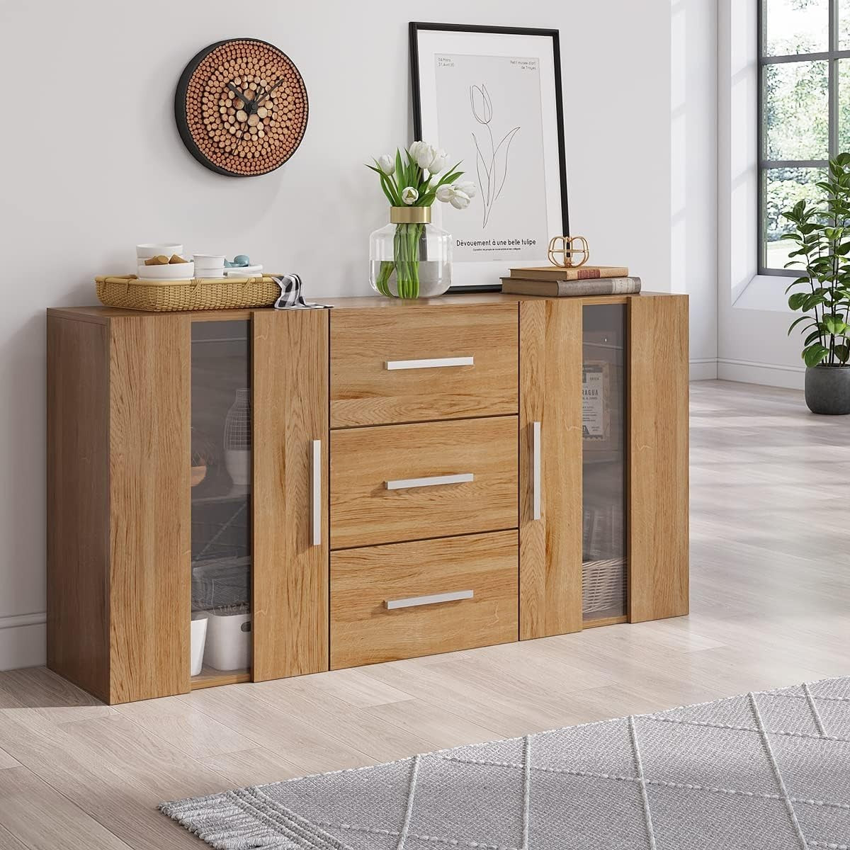 LED Sideboard Cabinet with Drawers, Glass Doors & Storage Lights, Oak