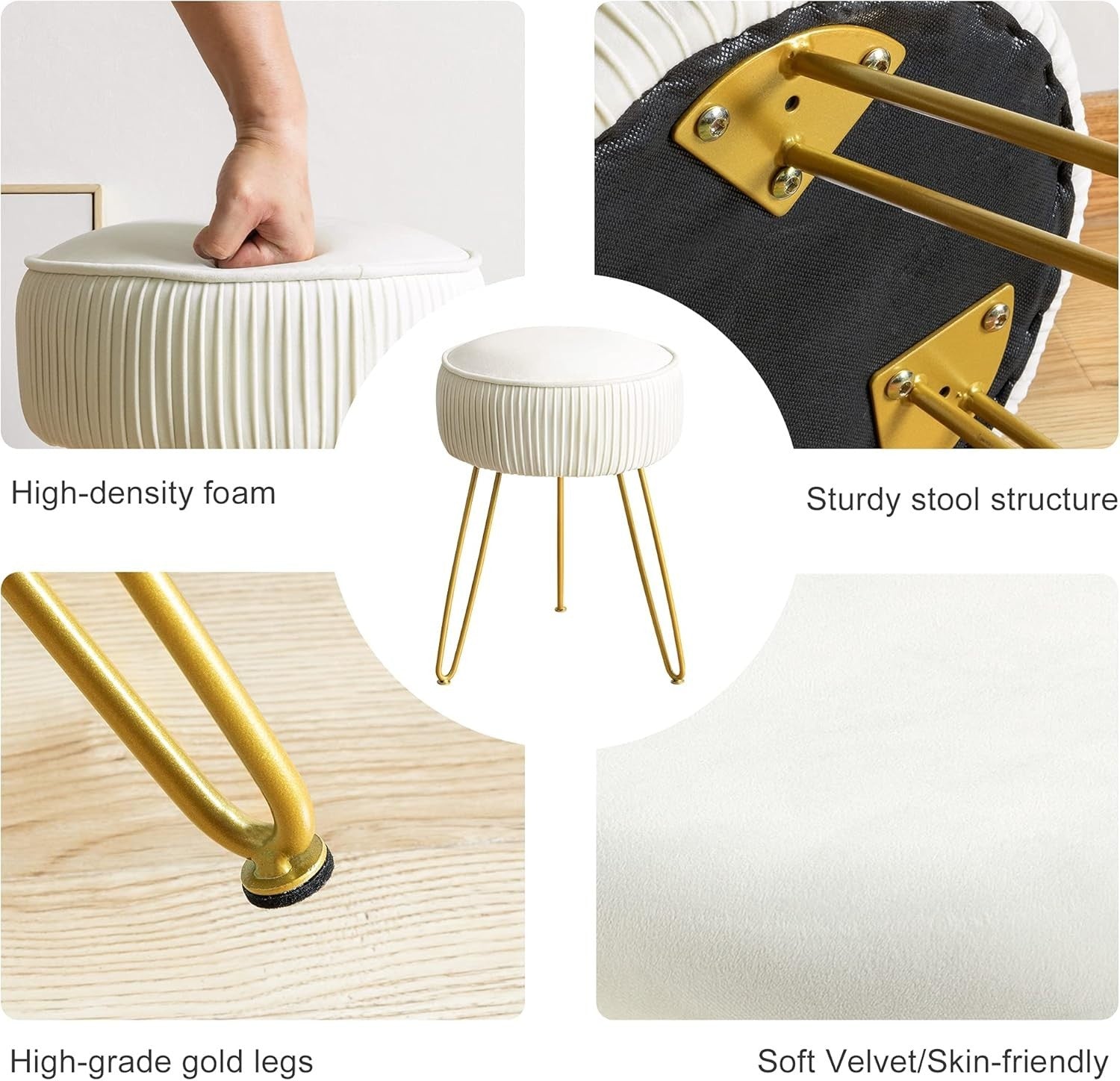 White Velvet Pleated Vanity Stool Round Ottoman with Gold Steel Legs
