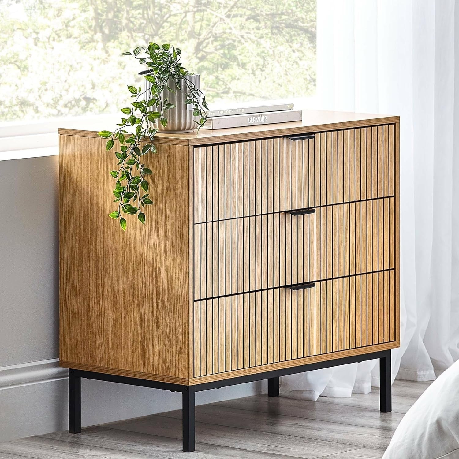 Beige 3 Drawer Chest Wood Storage Cabinet Slim Modern Bedroom Organizer