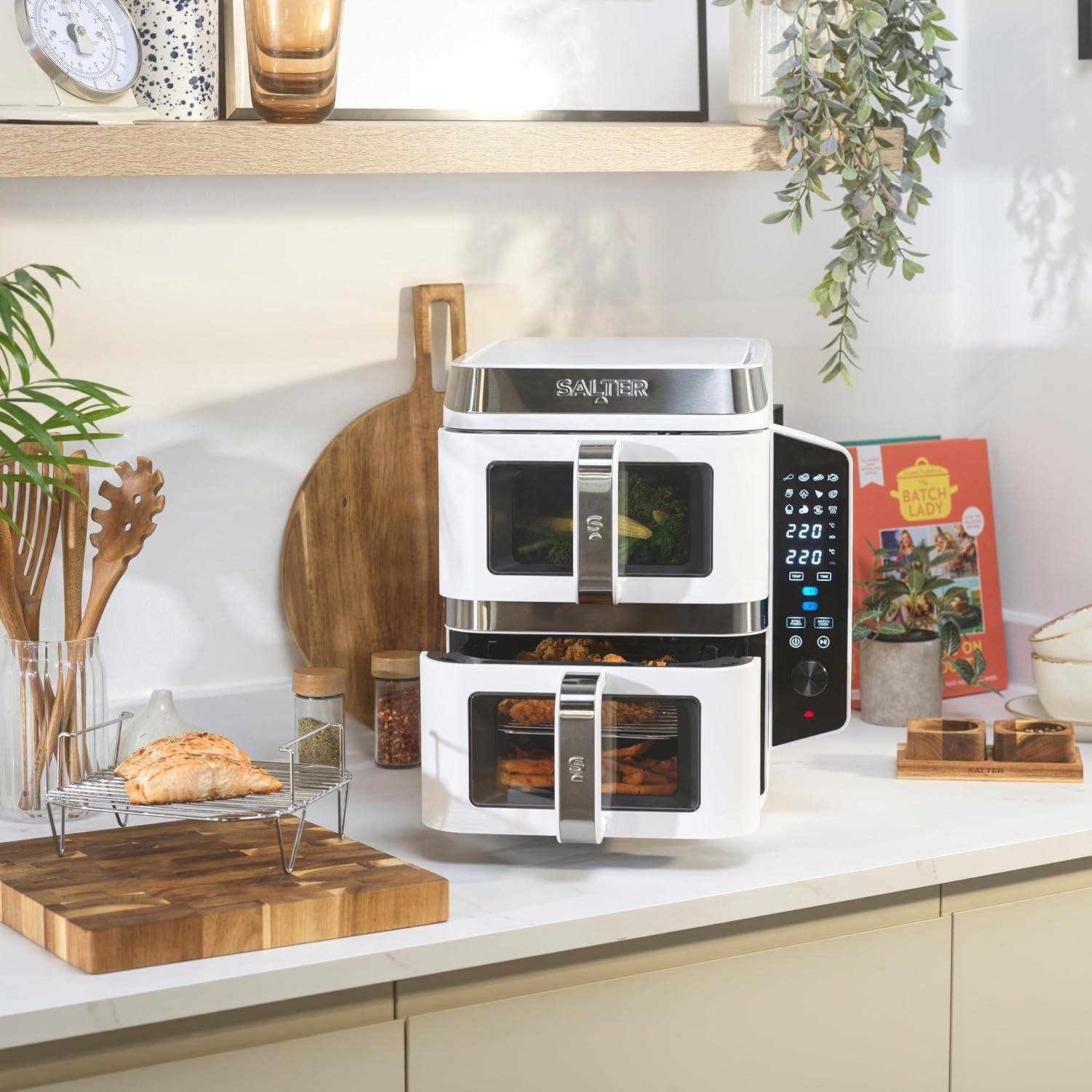 Vertical Dual Drawer Air Fryer 9L 12 Presets 4-Level Cooking, Sync/Match, 2400W