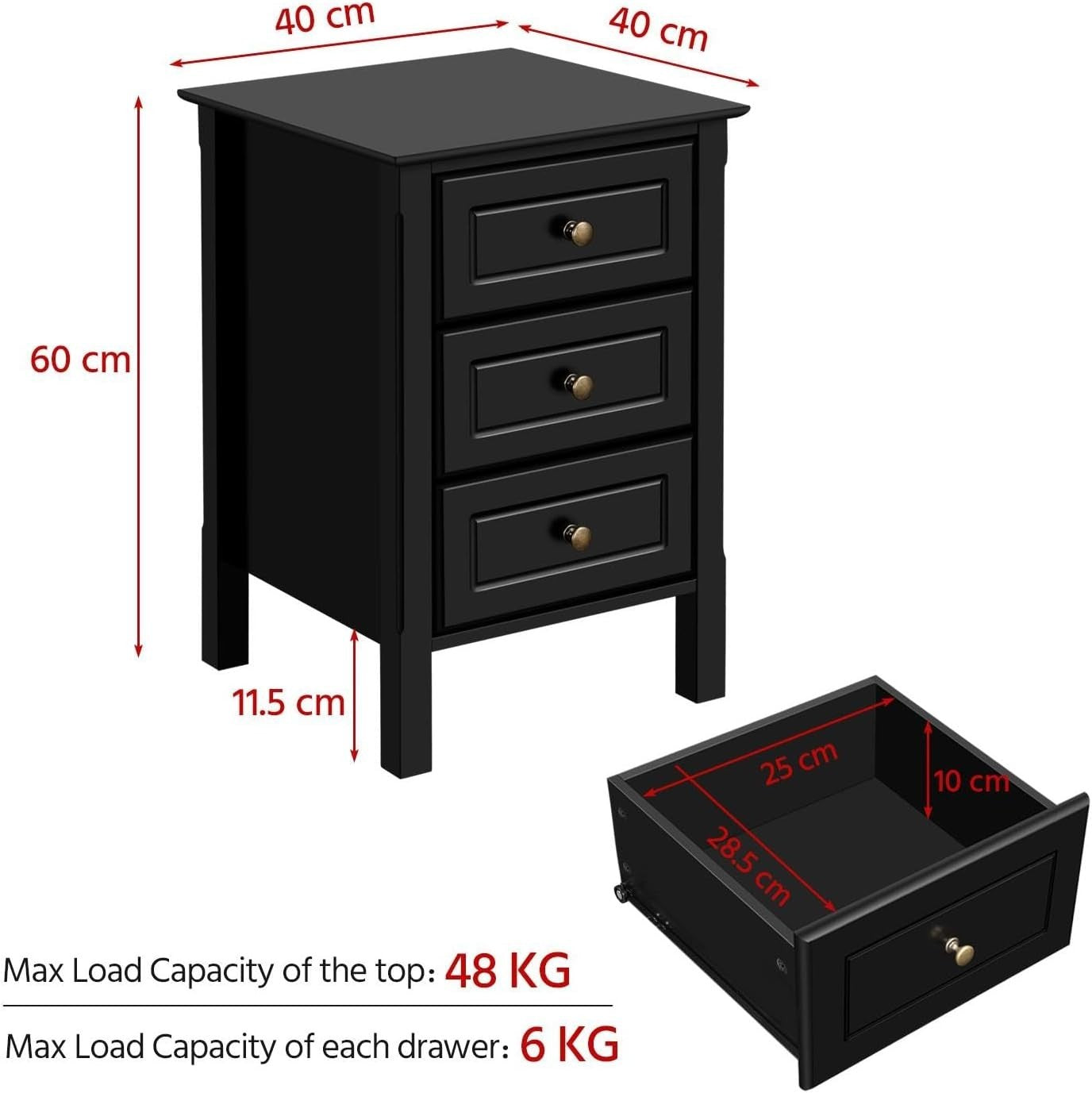 Black Wooden Bedside Tables Set of 2 – 3 Drawer Nightstand