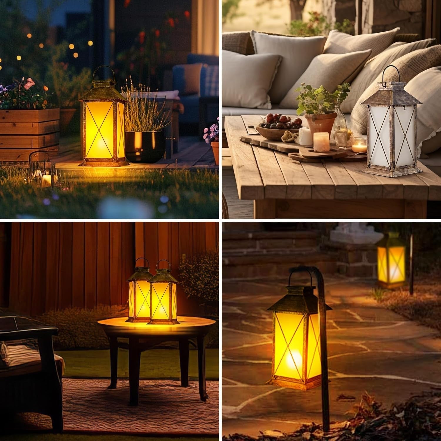 2-Pack Solar Lanterns Flickering Flame 13" Glass Metal Outdoor Lights