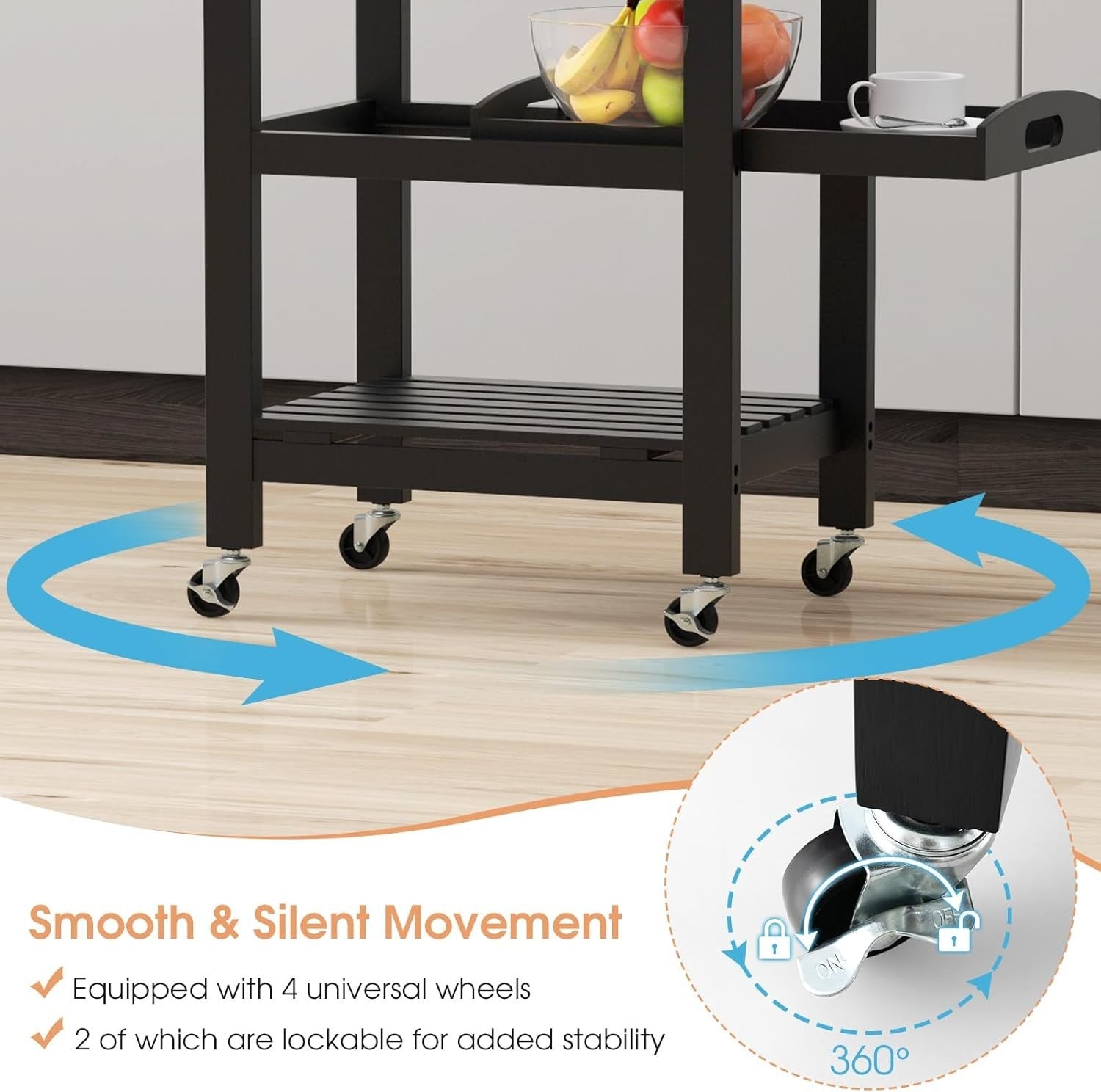Black Kitchen Trolley on Wheels w/ Stainless Steel Top