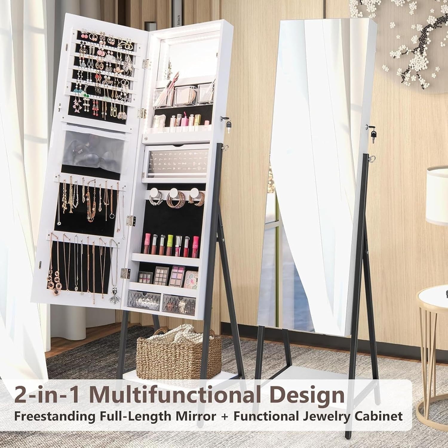 2 in 1 Standing Mirror Jewelry Armoire LED Light Lockable Storage Cabinet