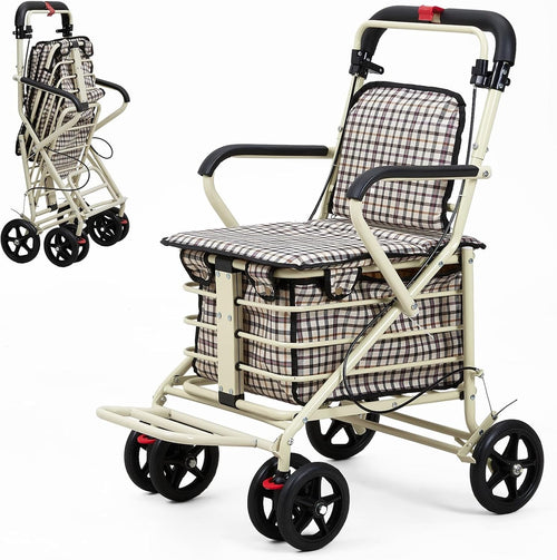 Walk & Rest Shopping Trolley with Seat 27L Foldable 4 Wheel Brakes White