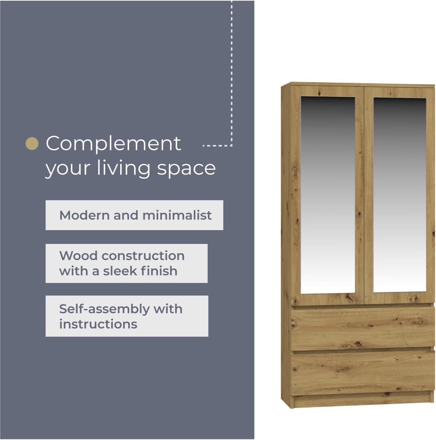 Modern Mirrored Double Wardrobe with Drawers – Oak Finish 2 Door