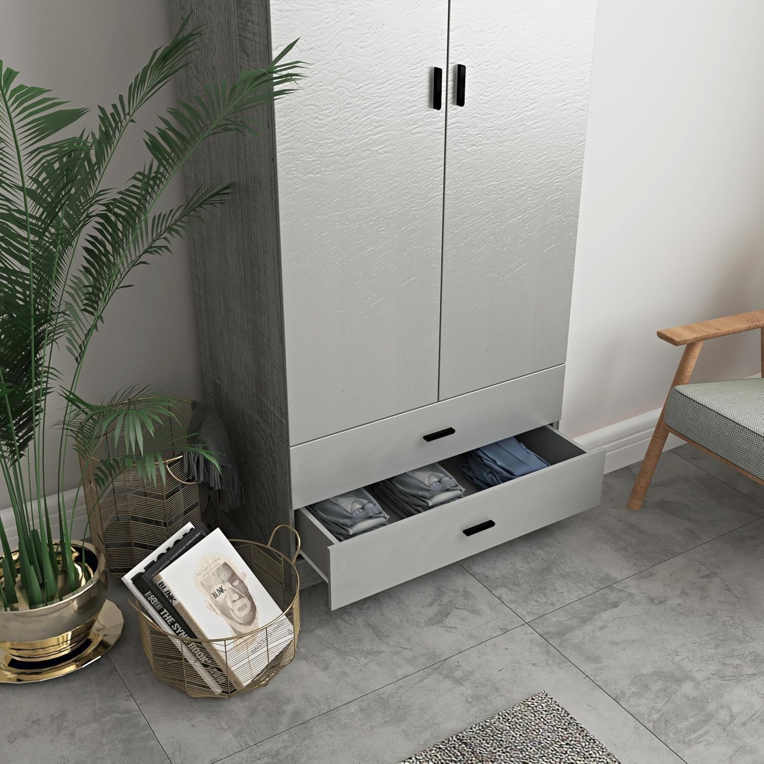 Grey Wooden Wardrobe 2 Door 2 Drawer Tall Storage Unit for Bedroom Clothes