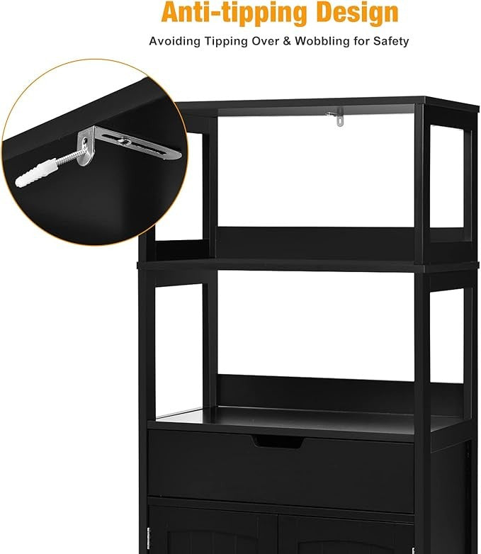 Freestanding Black Kitchen Storage Cabinet with Shelves Drawer Cupboard Modern