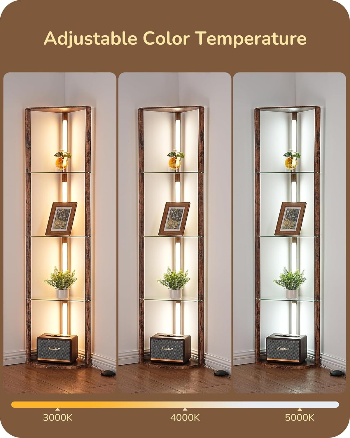 LED Floor Lamp with Glass Shelves Dimmable Corner Standing Display Light