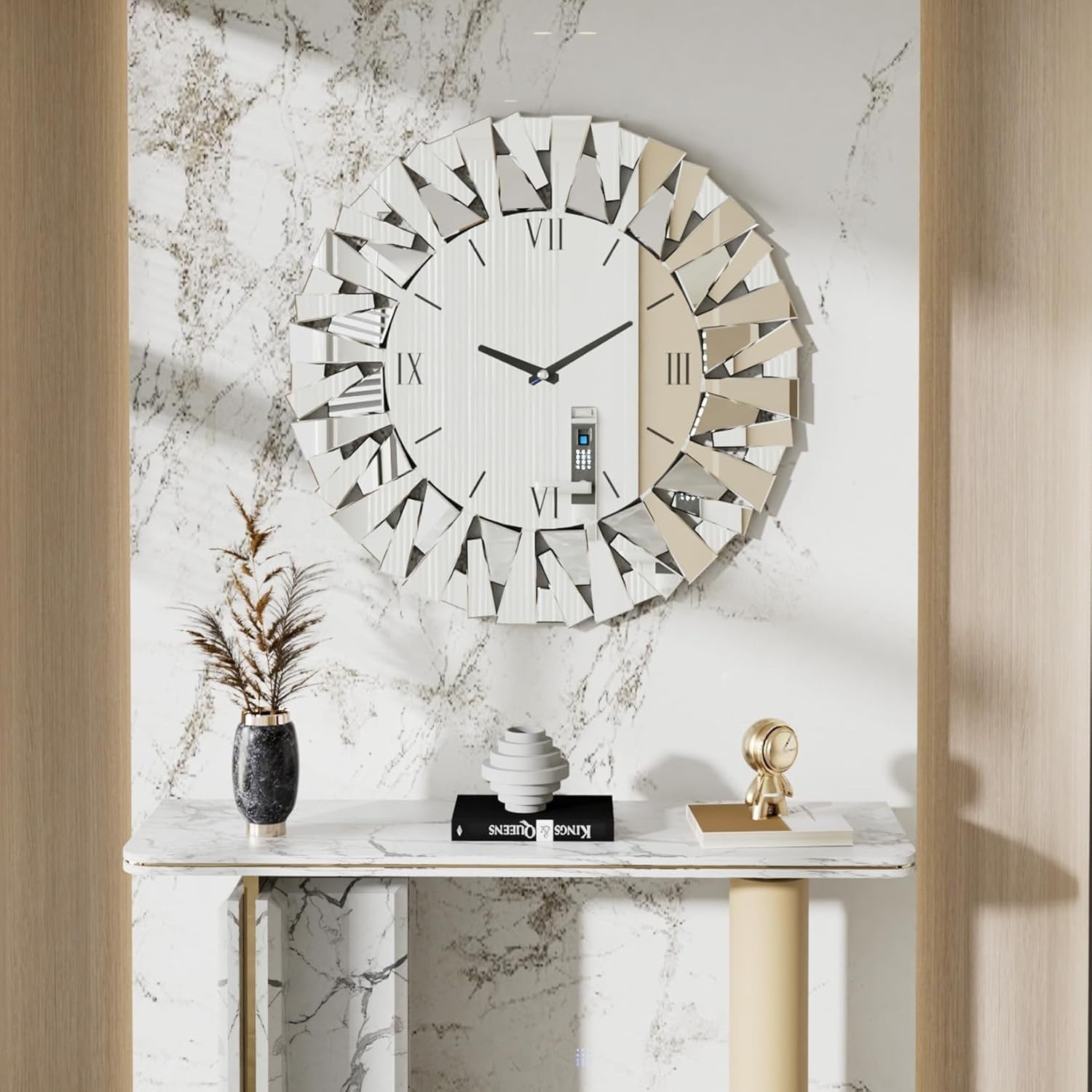 80cm Bevelled Mirror Wall Clock Silent Roman Luxury Glass Decor Round